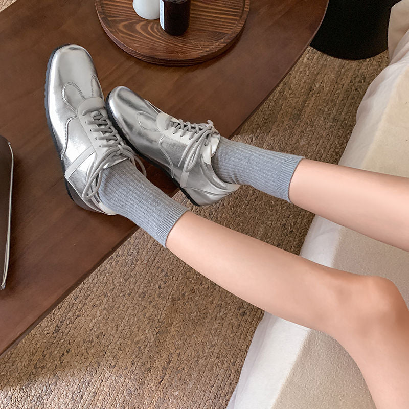 Women's Cowhide Sneakers Walking Hidden Heel Contrast Stripe Lace-up Derby