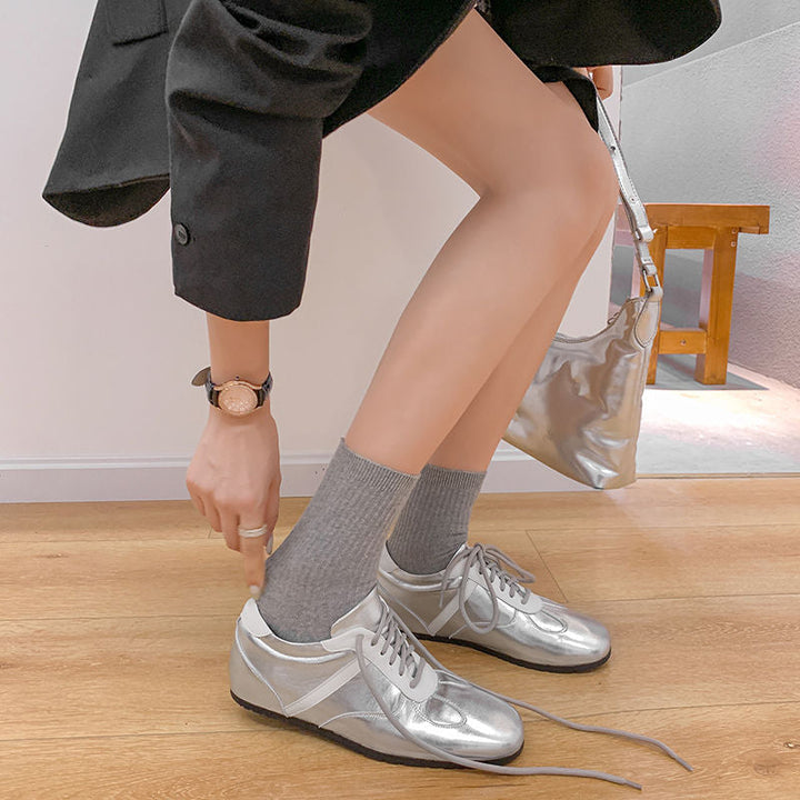 Women's Cowhide Sneakers Walking Hidden Heel Contrast Stripe Lace-up Derby