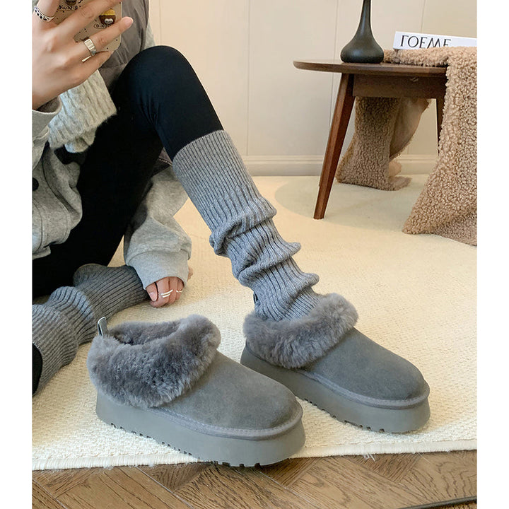 Women's Genuine Leather Platform Fleece-lined Winter Warm Snow Mules