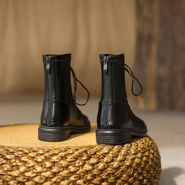 Women's Leather Ankle Boots Round Toe Lace-up Zipper Stretch Combat Flat Booties