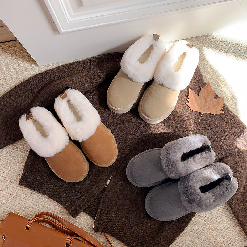 Women's Genuine Leather Platform Fleece-lined Winter Warm Snow Mules