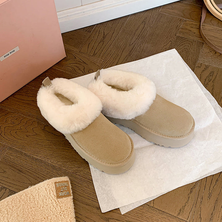 Women's Genuine Leather Platform Fleece-lined Winter Warm Snow Mules