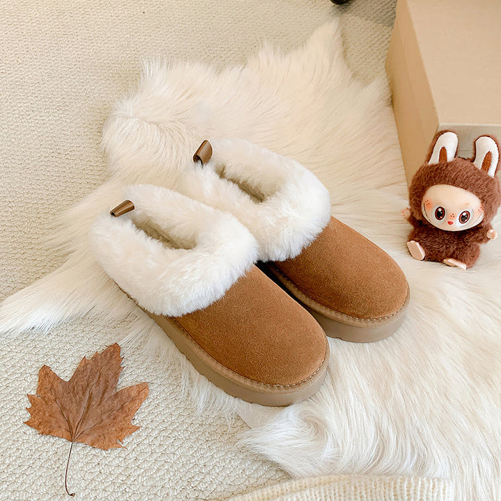 Women's Genuine Leather Platform Fleece-lined Winter Warm Snow Mules