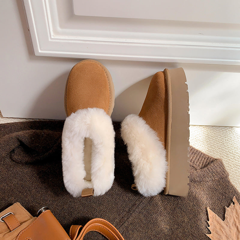 Women's Genuine Leather Platform Fleece-lined Winter Warm Snow Mules