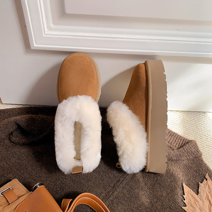 Women's Genuine Leather Platform Fleece-lined Winter Warm Snow Mules