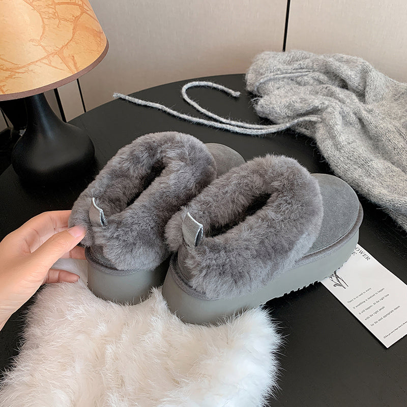 Women's Genuine Leather Platform Fleece-lined Winter Warm Snow Mules