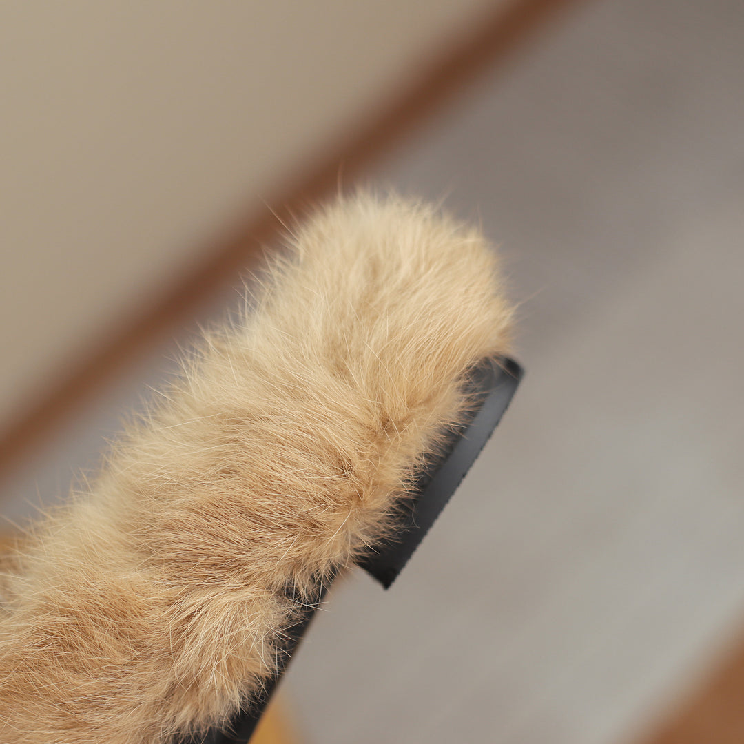 Women Leather Fur Flat Slippers Mules