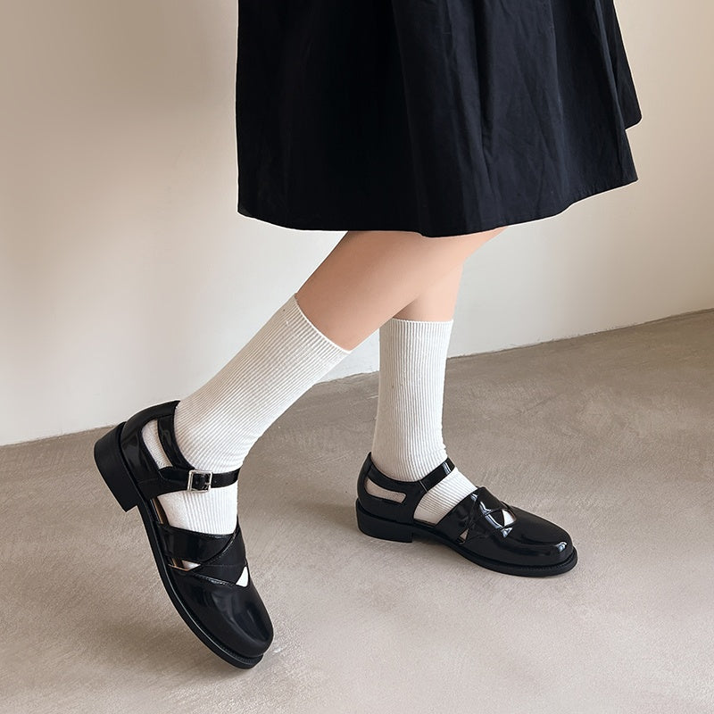 Women's Handmade Genuine Leather Buckle Hollow out Mary Jane Flats