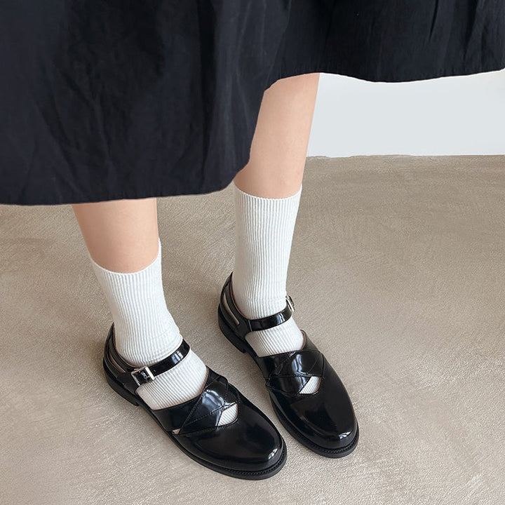 Women's Handmade Genuine Leather Buckle Hollow out Mary Jane Flats