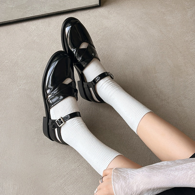 Women's Handmade Genuine Leather Buckle Hollow out Mary Jane Flats