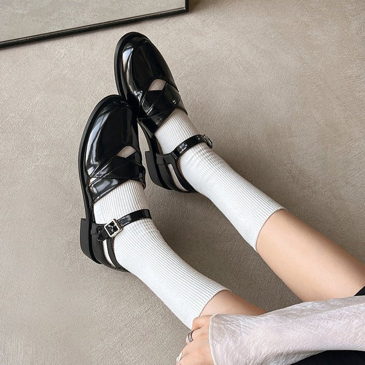 Women's Handmade Genuine Leather Buckle Hollow out Mary Jane Flats
