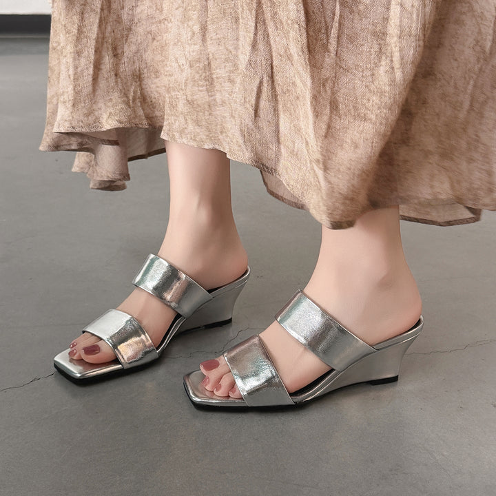 Women's Handcrafted Leather Premium Square Toe Wedge Heel Mules