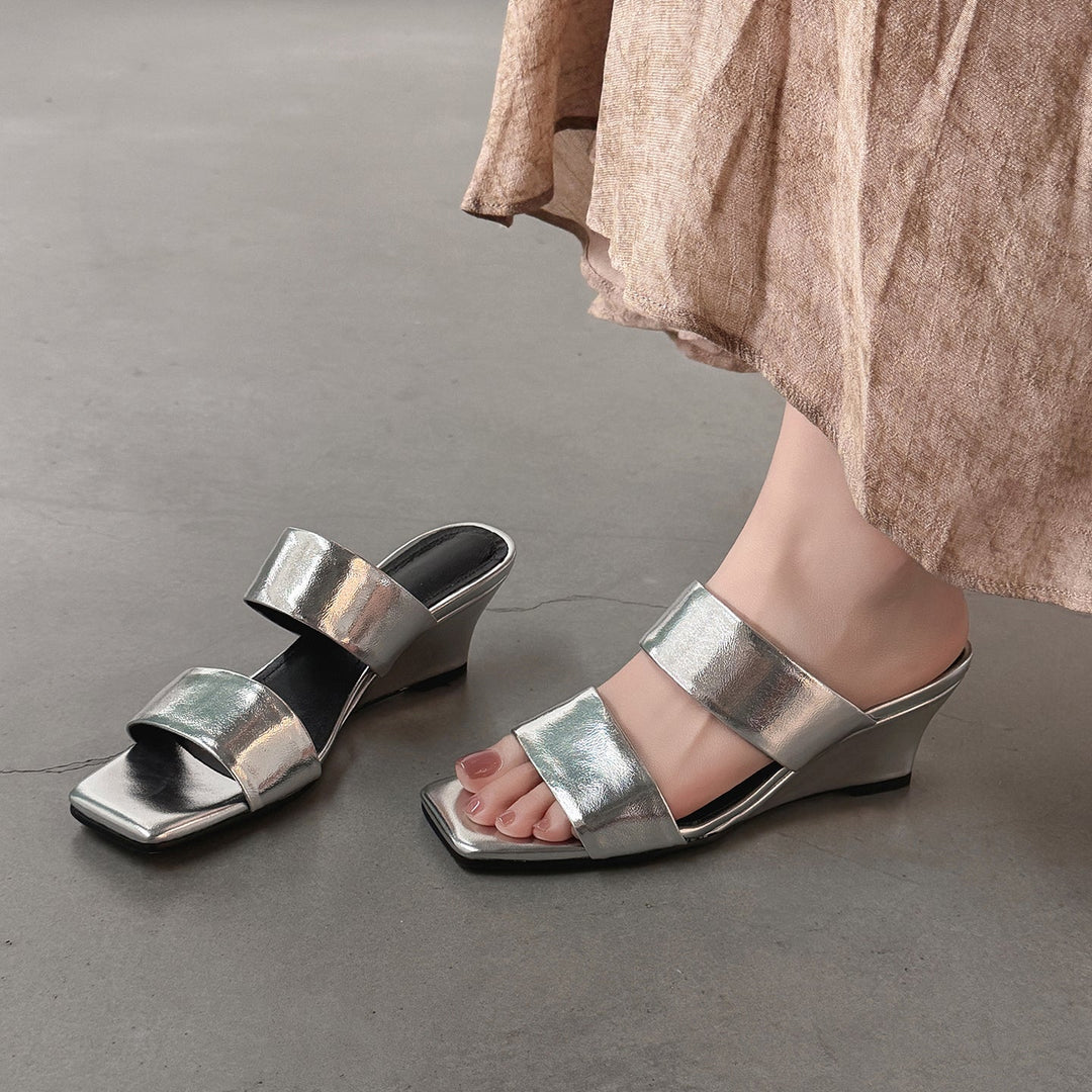 Women's Handcrafted Leather Premium Square Toe Wedge Heel Mules