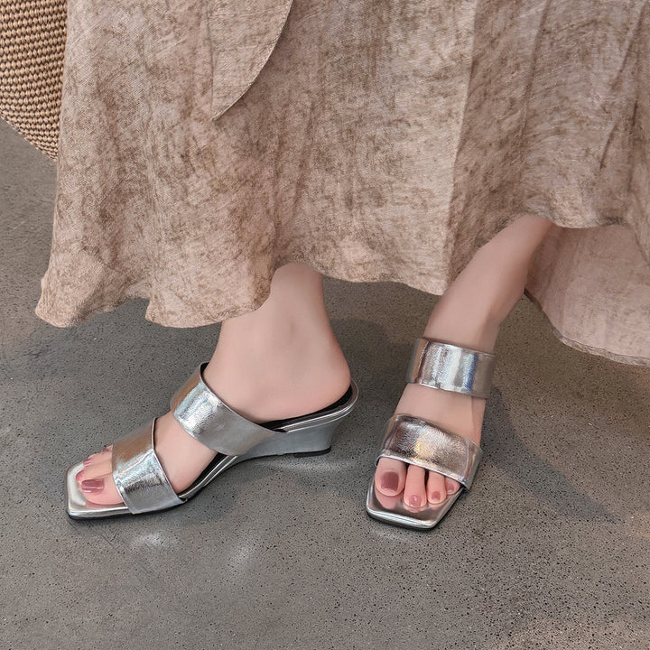 Women's Handcrafted Leather Premium Square Toe Wedge Heel Mules