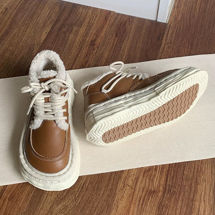 Women's Winter Chunky Leather Lace-Up Shoes – Fleece-Lined & Ugly-Cute Design