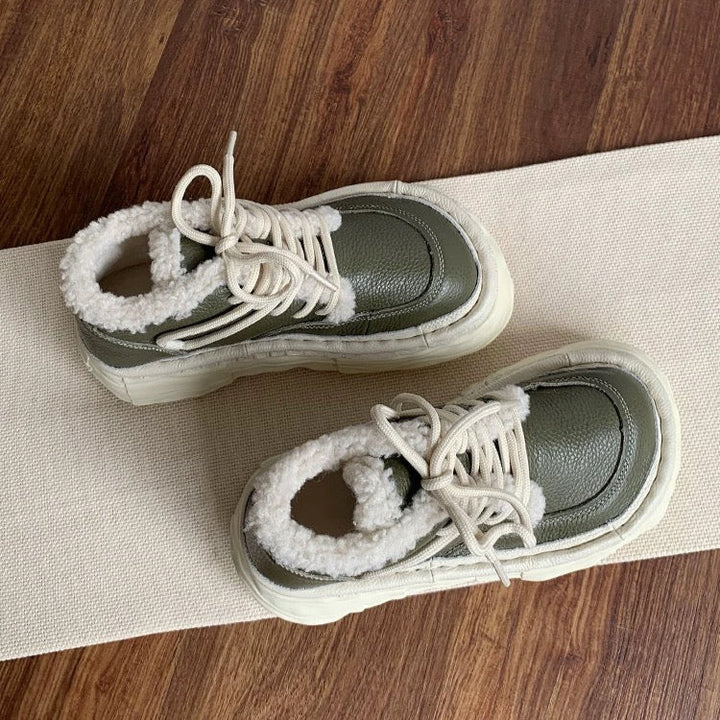 Women's Winter Chunky Leather Lace-Up Shoes – Fleece-Lined & Ugly-Cute Design