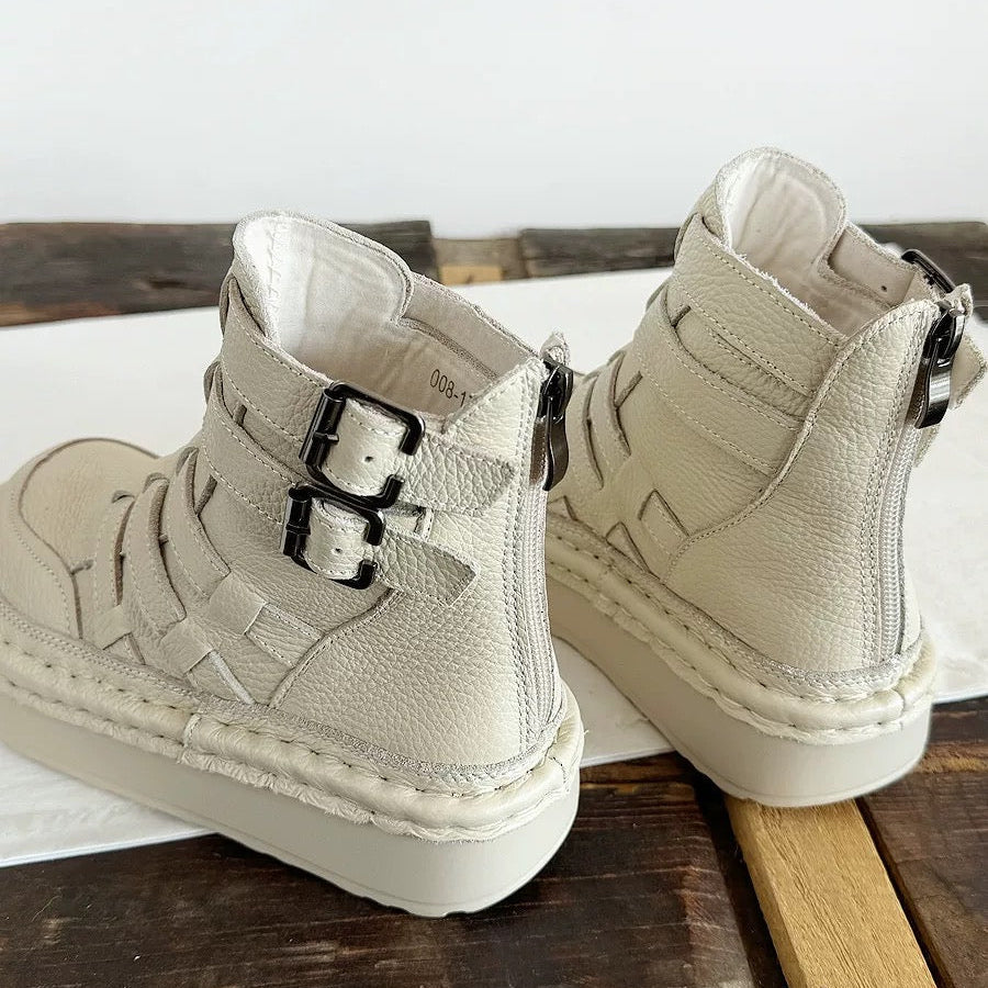 Women's Leather Chunky Ankle Boots – Woven Detail, Cut-Outs & Buckle, Ugly-Cute Style