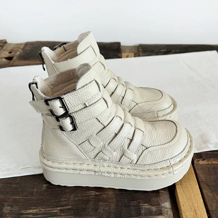 Women's Leather Chunky Ankle Boots – Woven Detail, Cut-Outs & Buckle, Ugly-Cute Style