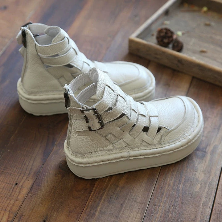 Women's Leather Chunky Ankle Boots – Woven Detail, Cut-Outs & Buckle, Ugly-Cute Style