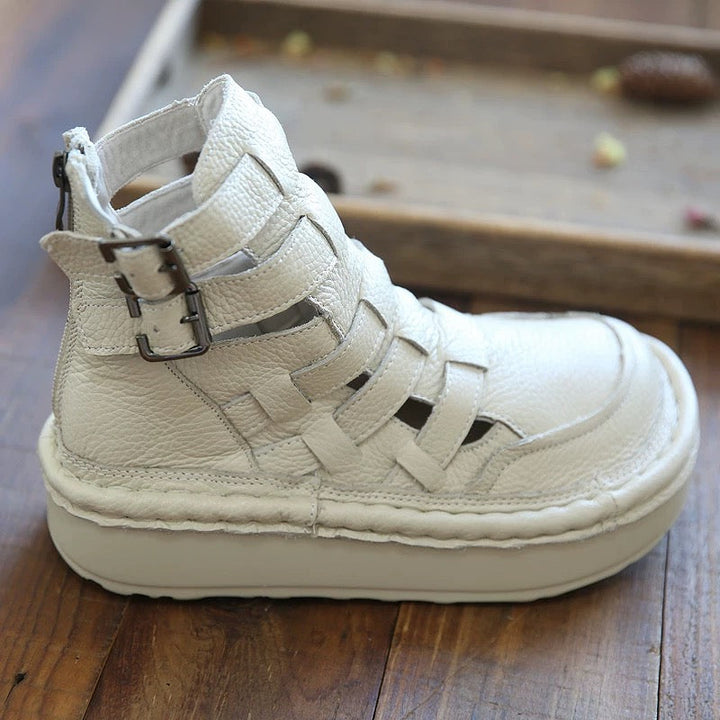 Women's Leather Chunky Ankle Boots – Woven Detail, Cut-Outs & Buckle, Ugly-Cute Style