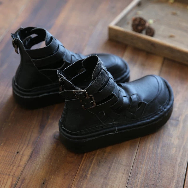 Women's Leather Chunky Ankle Boots – Woven Detail, Cut-Outs & Buckle, Ugly-Cute Style