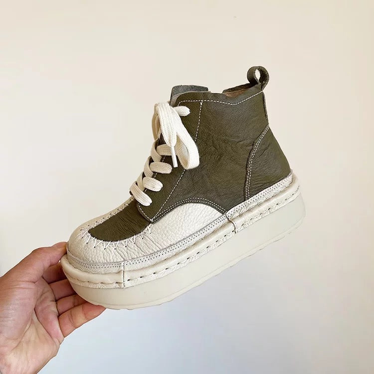 Women's Chunky Lace-Up Ankle Boots – Casual Patchwork Ugly-Cute Style