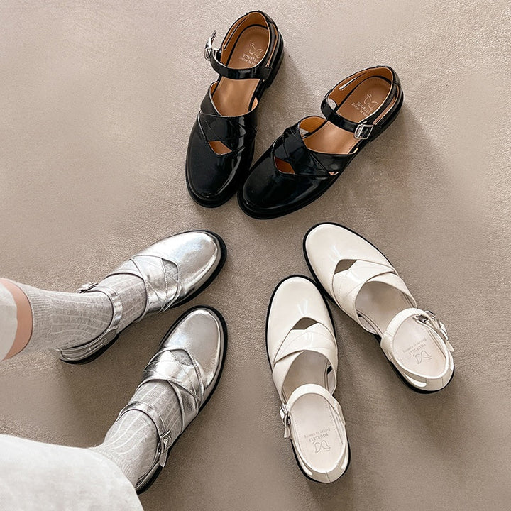 Women's Handmade Genuine Leather Buckle Hollow out Mary Jane Flats