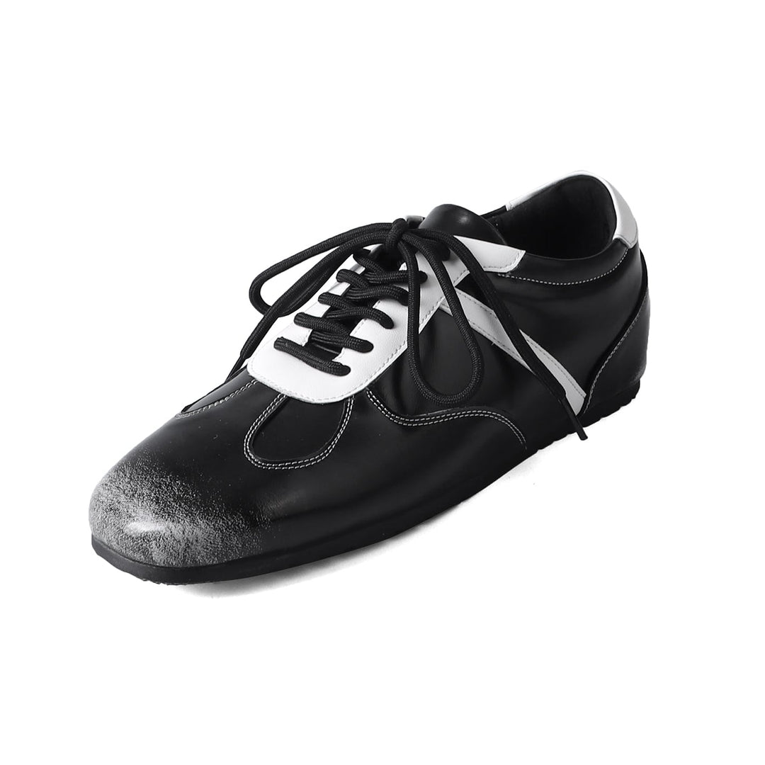 Women's Cowhide Sneakers Walking Hidden Heel Contrast Stripe Lace-up Derby