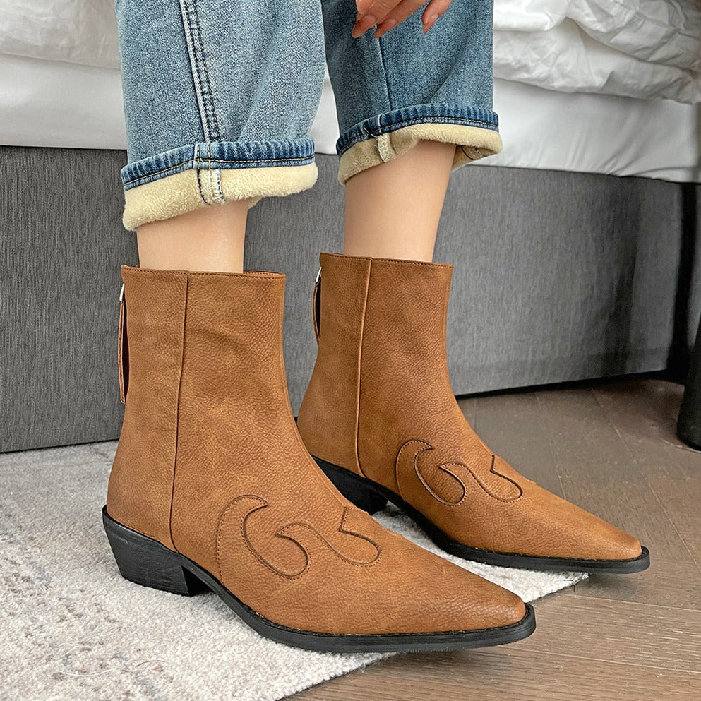 Western Cowboy Style Pointed Toe Boots for Women Zip Ankle Booties