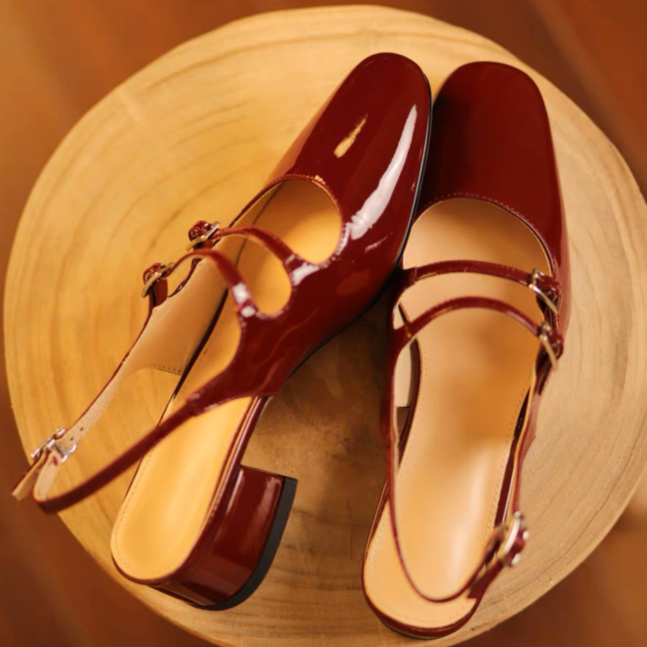 Leather Mary Janes Square Toe Slingback Shoes