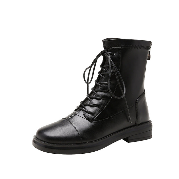 Women's Leather Ankle Boots Round Toe Lace-up Zipper Stretch Combat Flat Booties