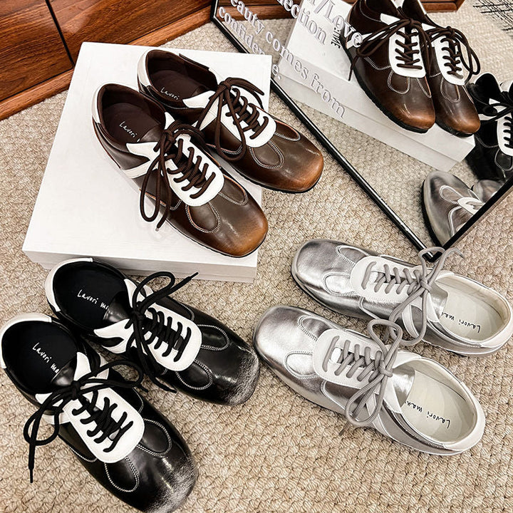 Women's Cowhide Sneakers Walking Hidden Heel Contrast Stripe Lace-up Derby
