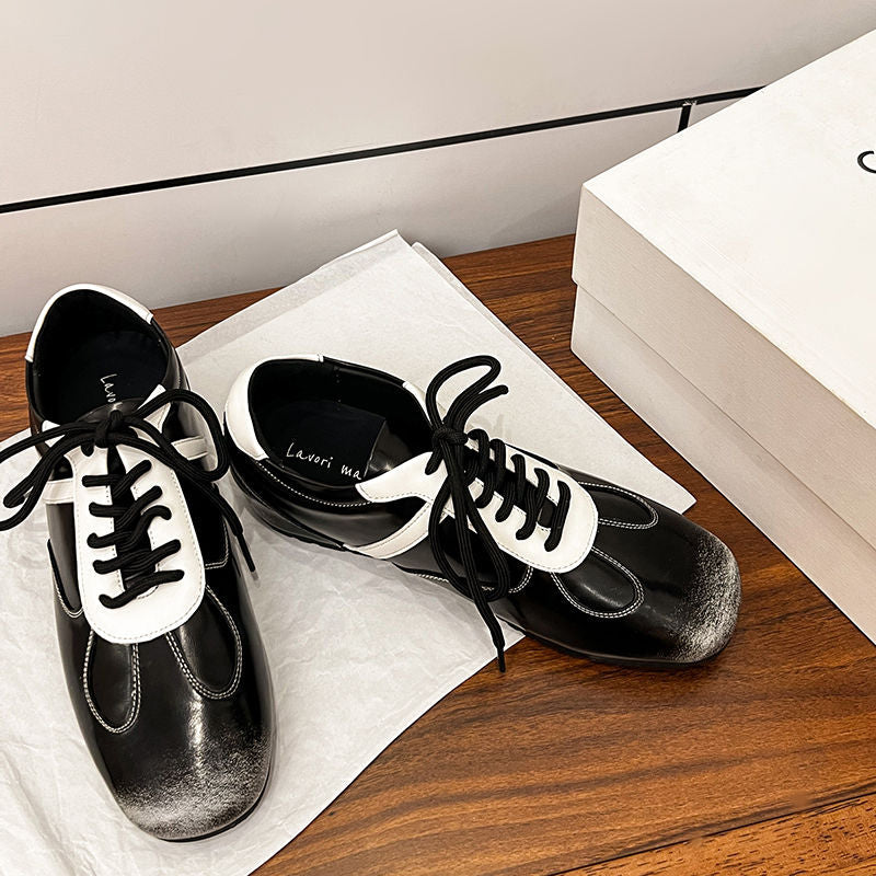 Women's Cowhide Sneakers Walking Hidden Heel Contrast Stripe Lace-up Derby