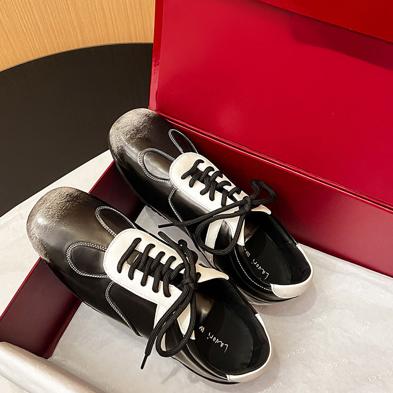 Women's Cowhide Sneakers Walking Hidden Heel Contrast Stripe Lace-up Derby