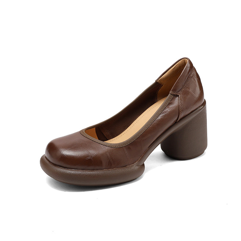 Women's Leather Platform Pumps - Lightweight Chunky High Heel