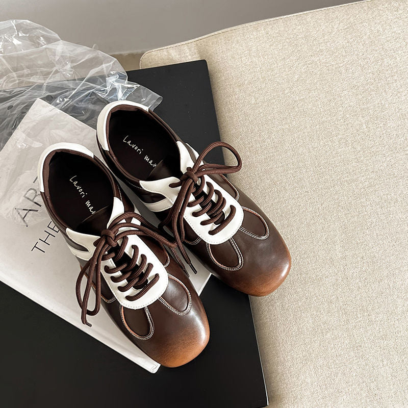 Women's Cowhide Sneakers Walking Hidden Heel Contrast Stripe Lace-up Derby