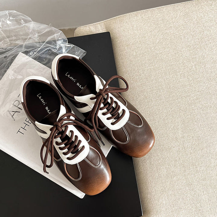 Women's Cowhide Sneakers Walking Hidden Heel Contrast Stripe Lace-up Derby