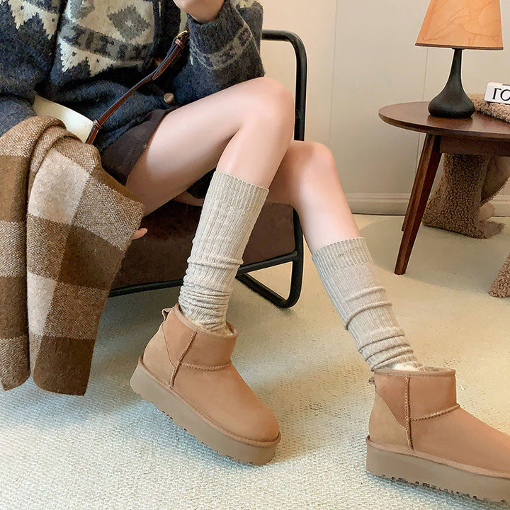 Women's Genuine Leather Platform Fleece-lined Winter Warm Snow Boots