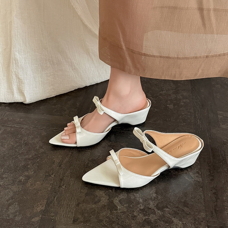 Women's Parisian Chic Lambskin Bow-Knot Mules - Pointed Toe Bow Sandals - Luxury Leather Summer Shoes