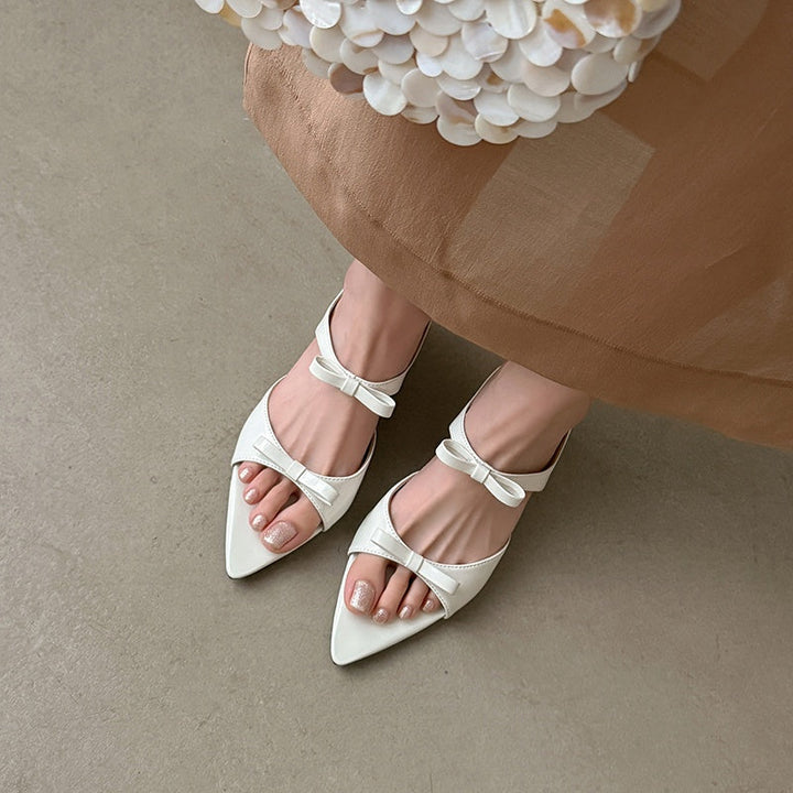Women's Parisian Chic Lambskin Bow-Knot Mules - Pointed Toe Bow Sandals - Luxury Leather Summer Shoes