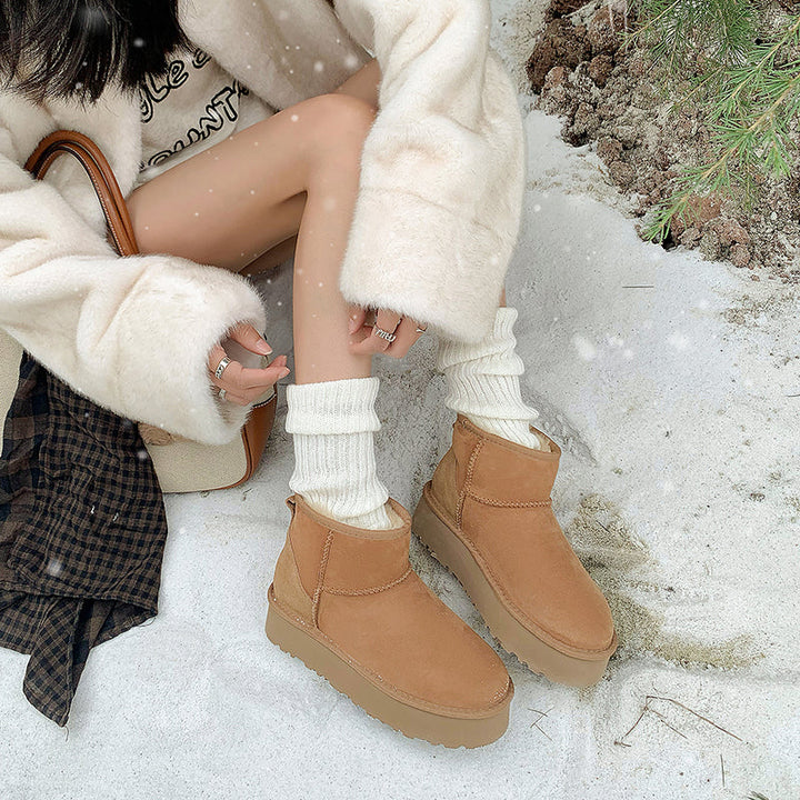 Women's Genuine Leather Platform Fleece-lined Winter Warm Snow Boots