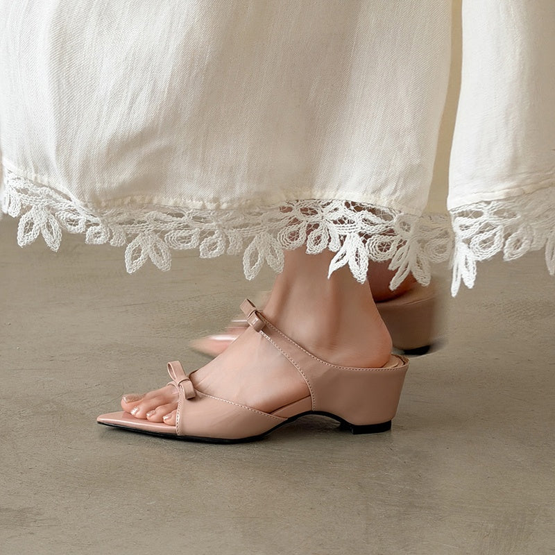 Women's Parisian Chic Lambskin Bow-Knot Mules - Pointed Toe Bow Sandals - Luxury Leather Summer Shoes