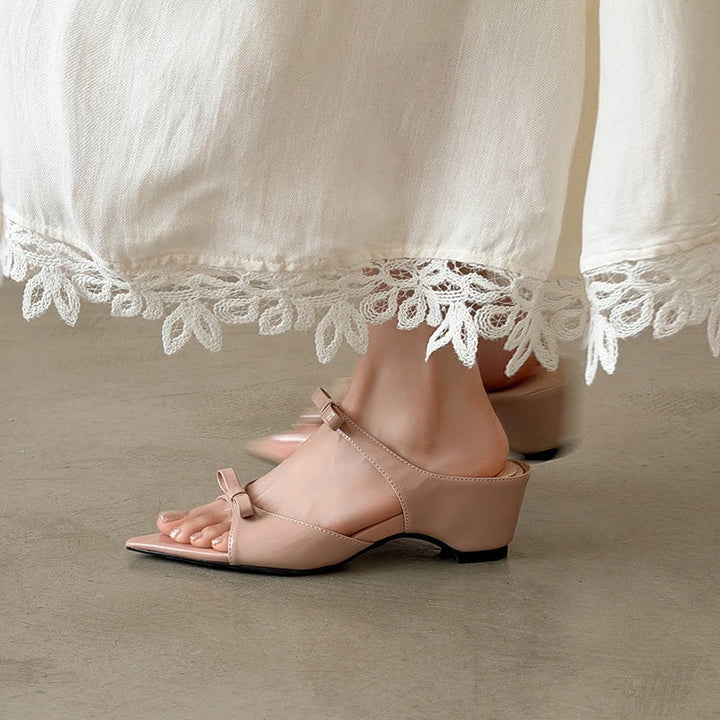 Women's Parisian Chic Lambskin Bow-Knot Mules - Pointed Toe Bow Sandals - Luxury Leather Summer Shoes