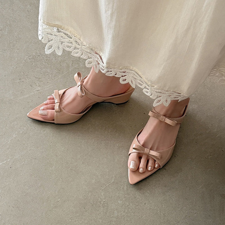 Women's Parisian Chic Lambskin Bow-Knot Mules - Pointed Toe Bow Sandals - Luxury Leather Summer Shoes