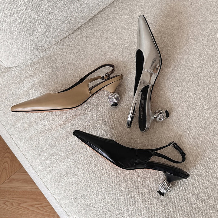 Women’s Luxury Pointed Toe Slingback Heels with Rhinestones – Elegant Sandals