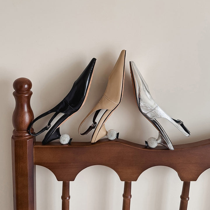 Women’s Luxury Pointed Toe Slingback Heels with Rhinestones – Elegant Sandals