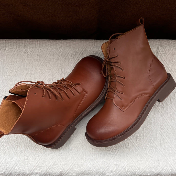 Women's Vintage Wide Toe Genuine Leather Ankle Boots – Handmade, Soft Sole, British Style