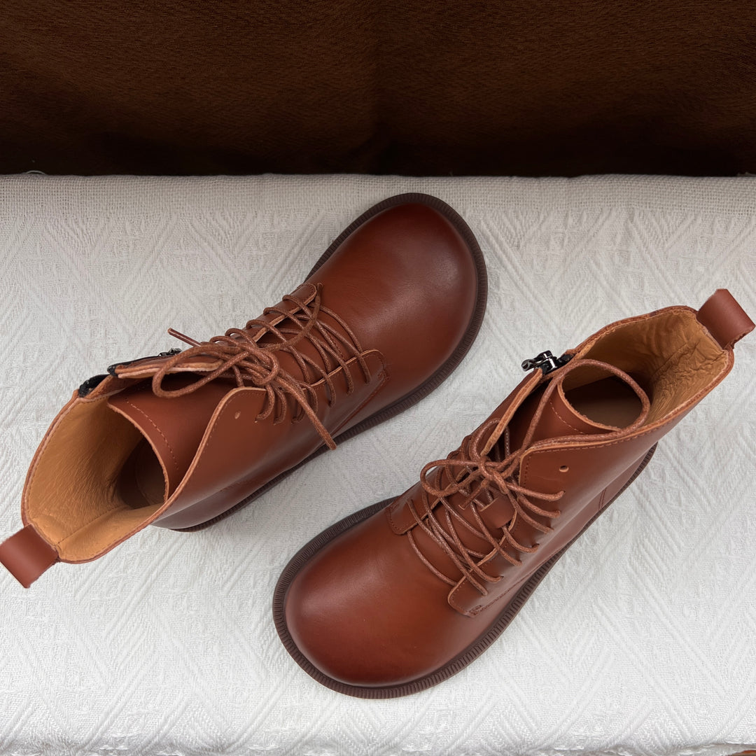 Women's Vintage Wide Toe Genuine Leather Ankle Boots – Handmade, Soft Sole, British Style