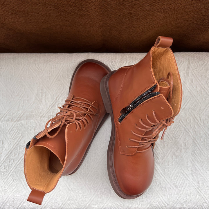 Women's Vintage Wide Toe Genuine Leather Ankle Boots – Handmade, Soft Sole, British Style