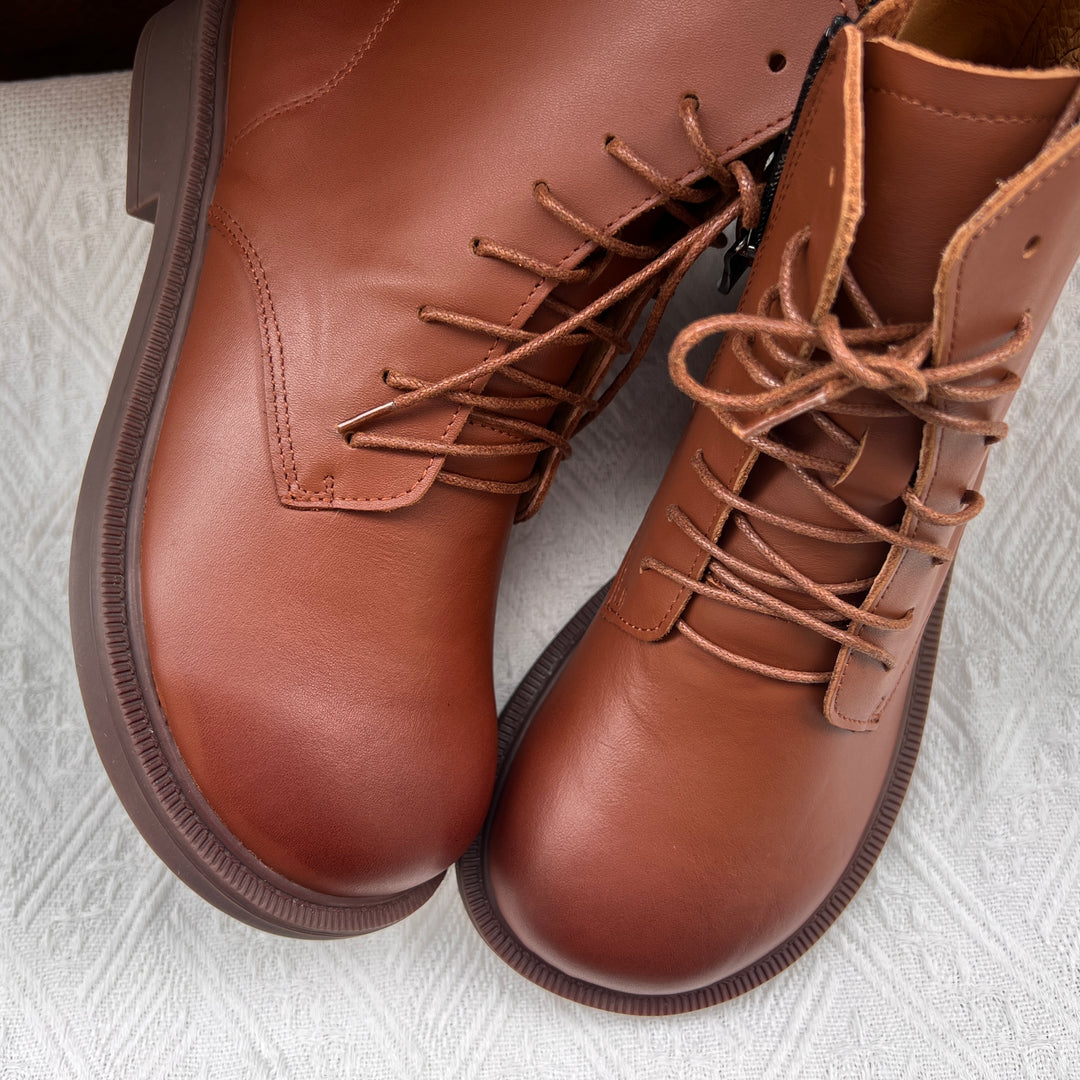 Women's Vintage Wide Toe Genuine Leather Ankle Boots – Handmade, Soft Sole, British Style